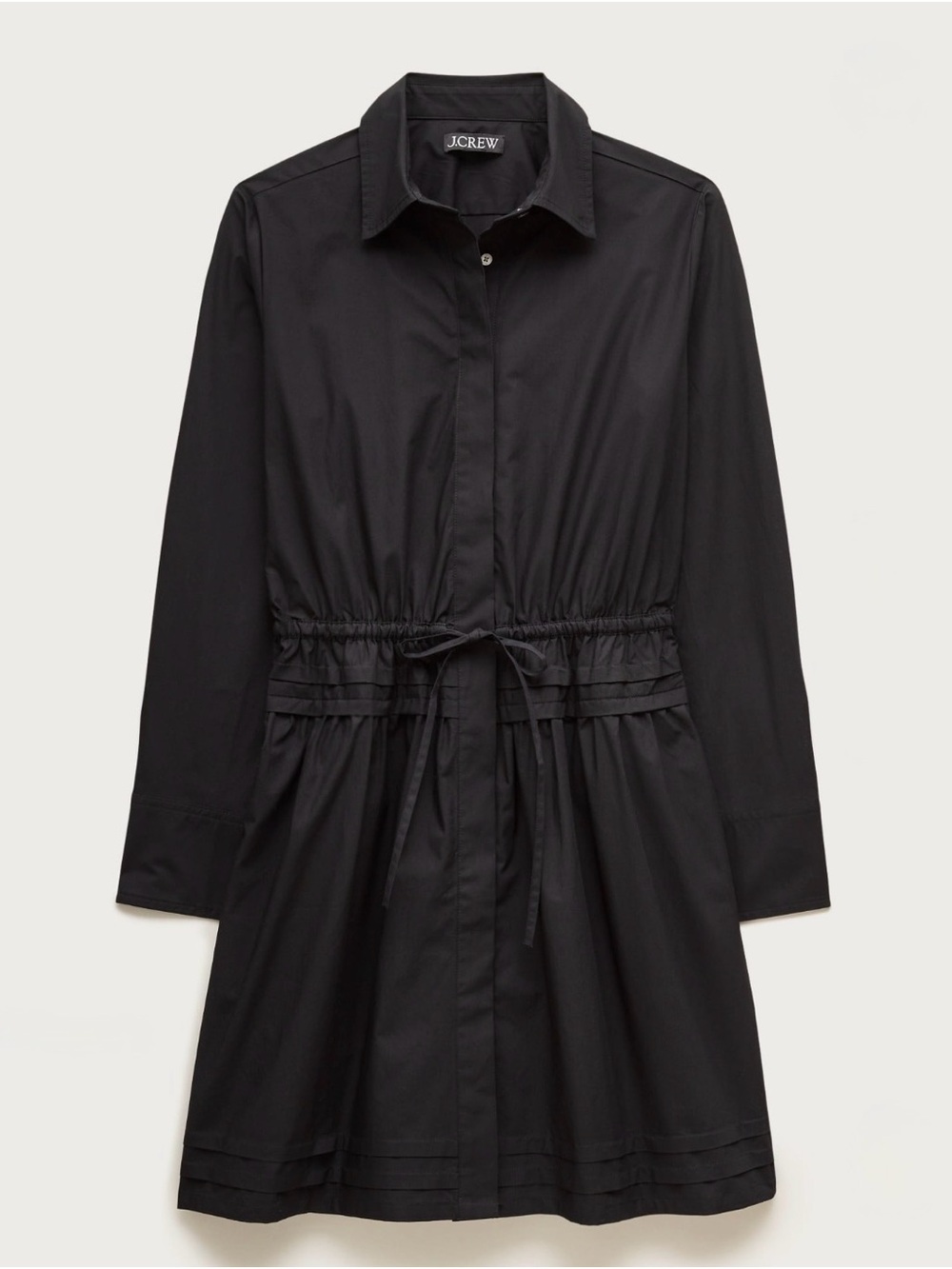 J. Crew Elena Black Long-Sleeve Drawstring Shirt Dress in Cotton Poplin, size 8